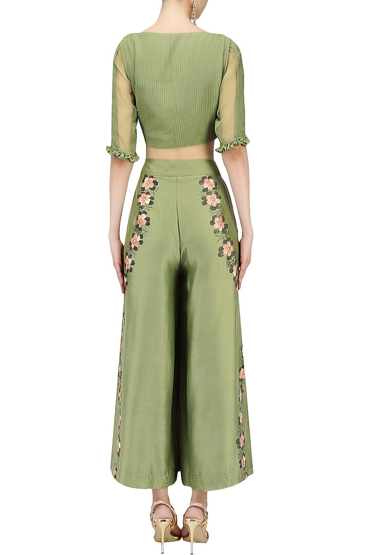 Green hand embroidered crop top and pants set available only at Pernia's Pop Up Shop.
