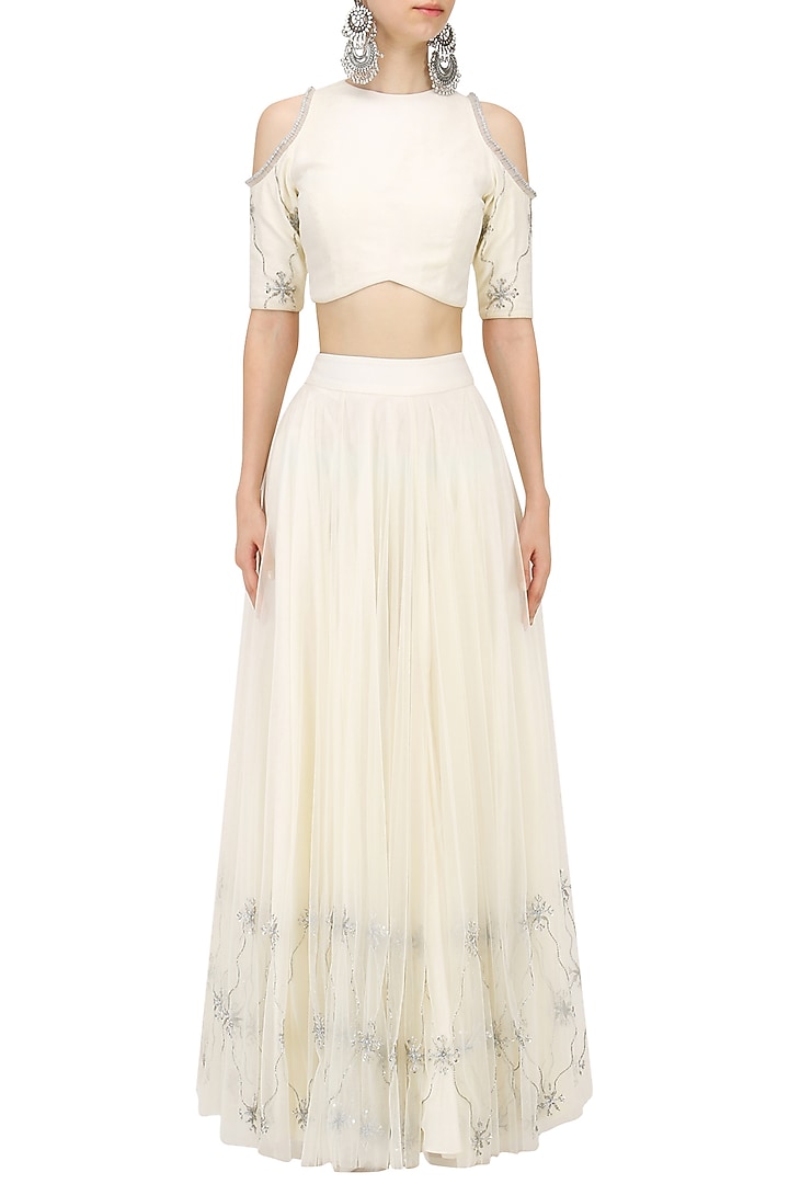 Off white cold shoulder crop top and skirt set available only at Pernia's Pop Up Shop.