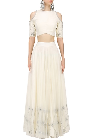Off White Cold Shoulder Crop Top and Skirt Set by Baavli