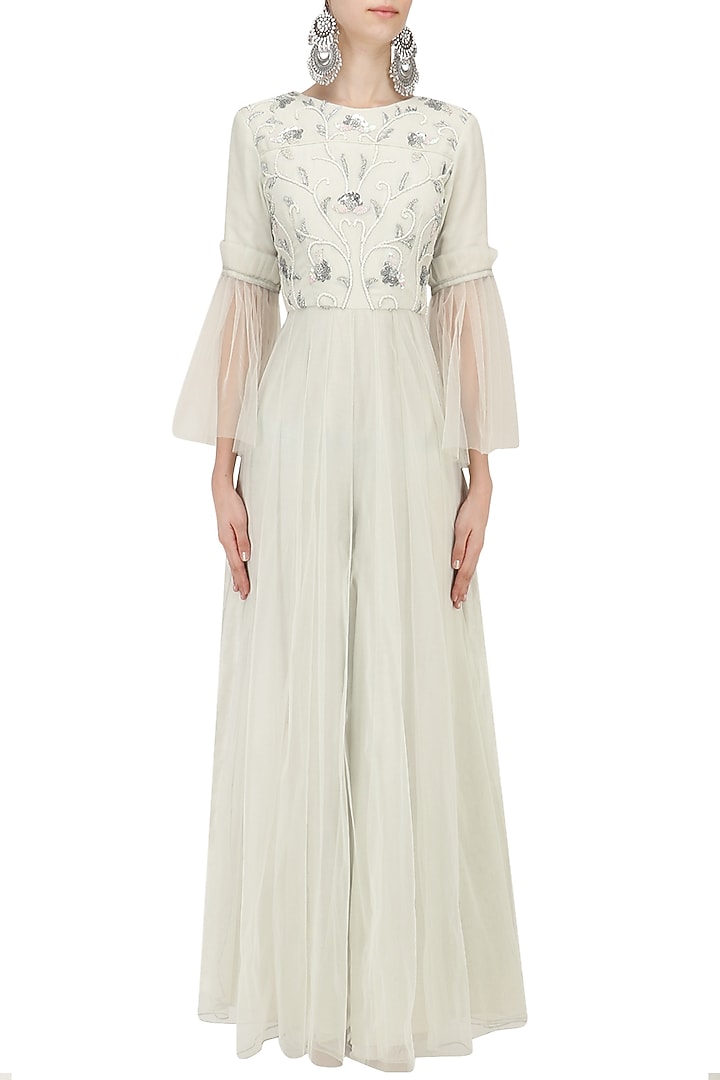 Light mint green hand embroidered jumpsuit available only at Pernia's Pop Up Shop.