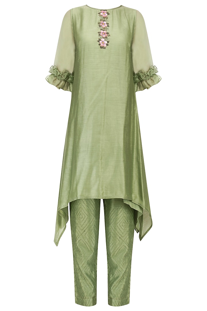 Green Floral Handpainted Tunic and Pants Set by Baavli