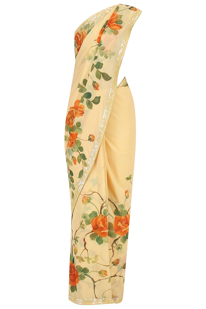 Yellow Floral Hand Painted Saree by Baavli