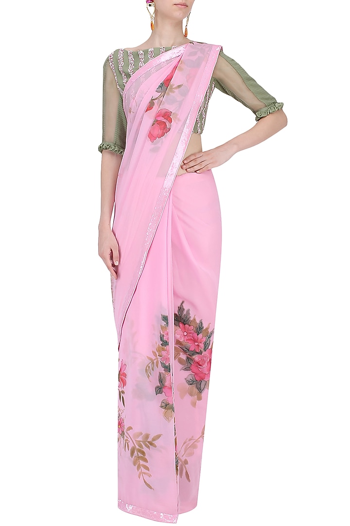 Pink floral hand painted saree available only at Pernia's Pop Up Shop.
