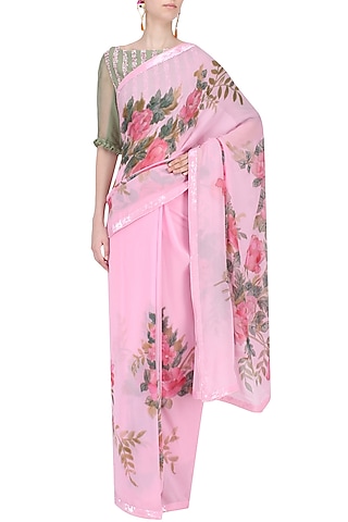 Pink Floral Hand Painted Saree by Baavli