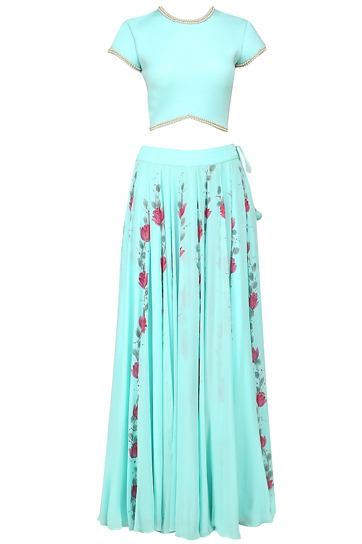 Arctic Blue Embroidered Crop Top and Hand Painted Skirt Set by Baavli