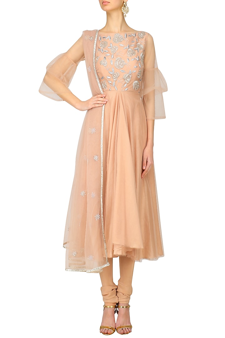 Dusty pink roses and silver foil embroidered anarkali set available only at Pernia's Pop Up Shop.