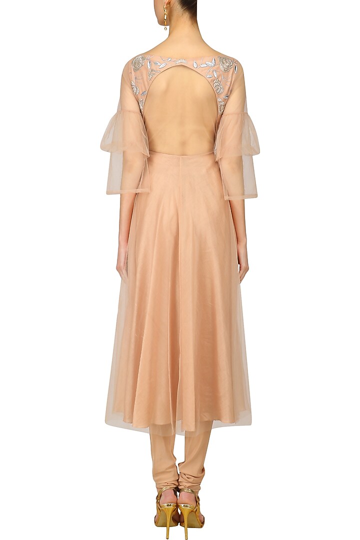 Dusty pink roses and silver foil embroidered anarkali set available only at Pernia's Pop Up Shop.