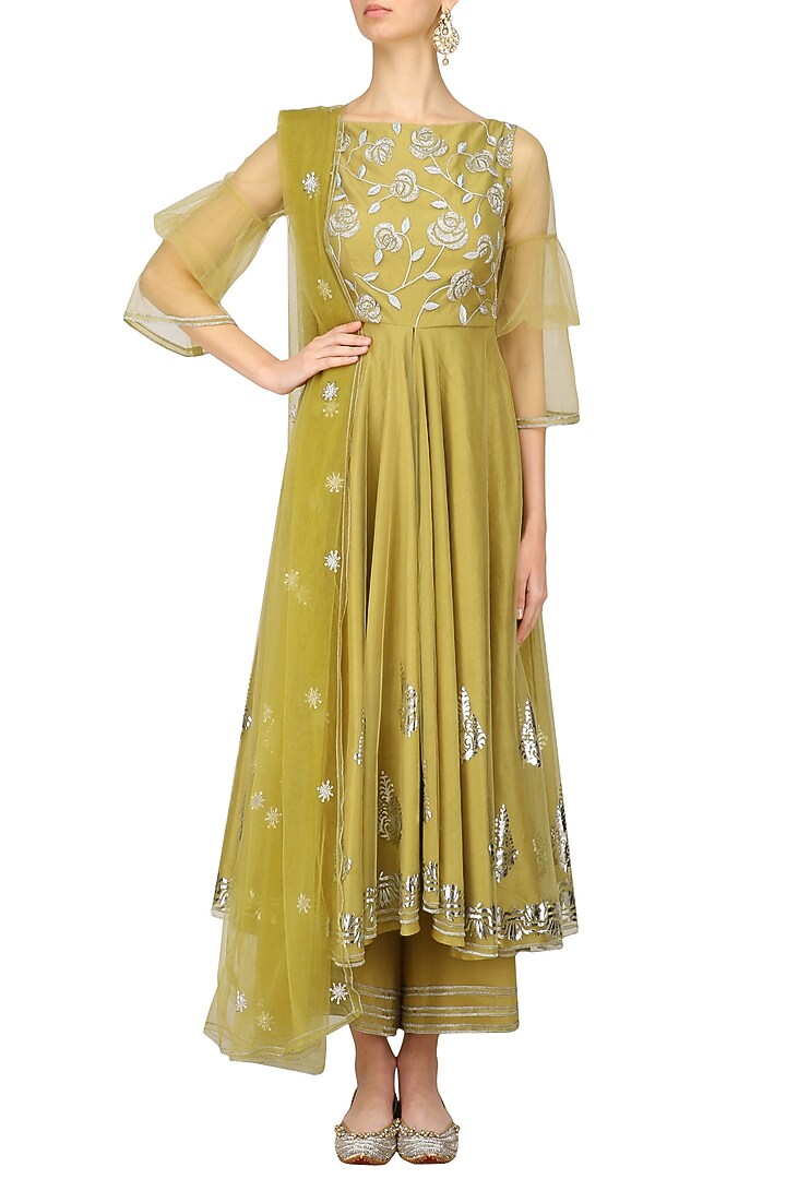 Green roses and silver foil embroidered anarkali and pants set available only at Pernia's Pop Up Shop.