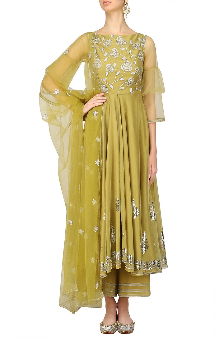 Green roses and silver foil embroidered anarkali and pants set available only at Pernia's Pop Up Shop.