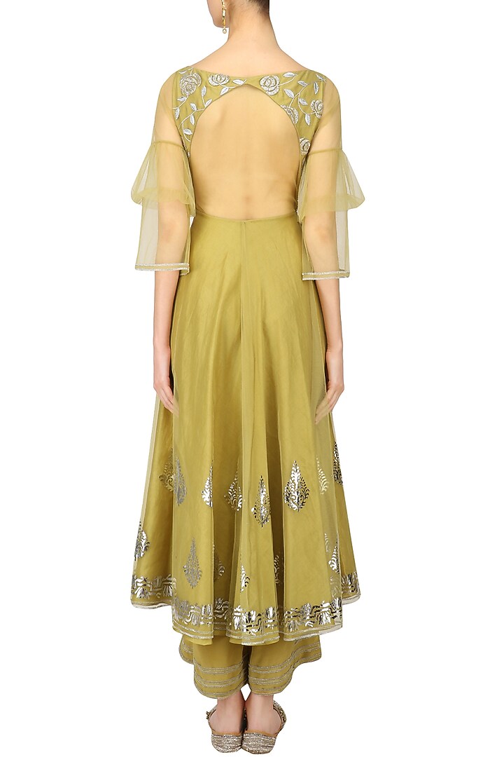 Green roses and silver foil embroidered anarkali and pants set available only at Pernia's Pop Up Shop.