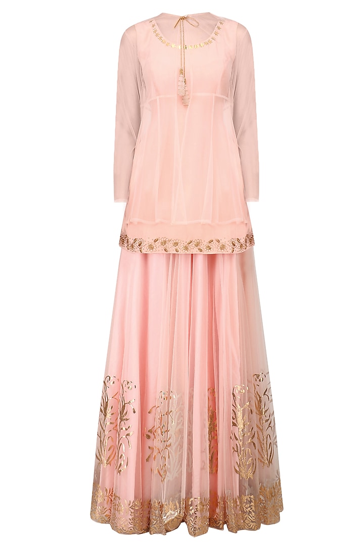 Pink Peplum Top, Overlay and Gold Foil Work Skirt Set by Baavli