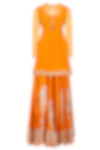 Orange Peplum Top, Overlay and Silver Foil Work Skirt Set by Baavli