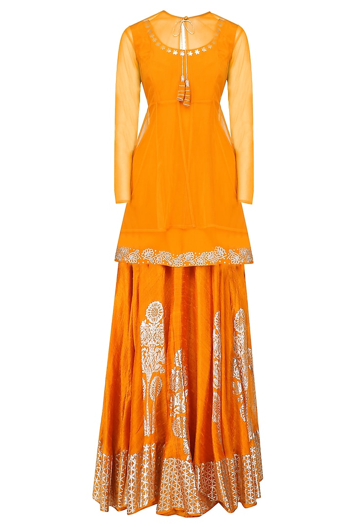 Orange Peplum Top, Overlay and Silver Foil Work Skirt Set by Baavli