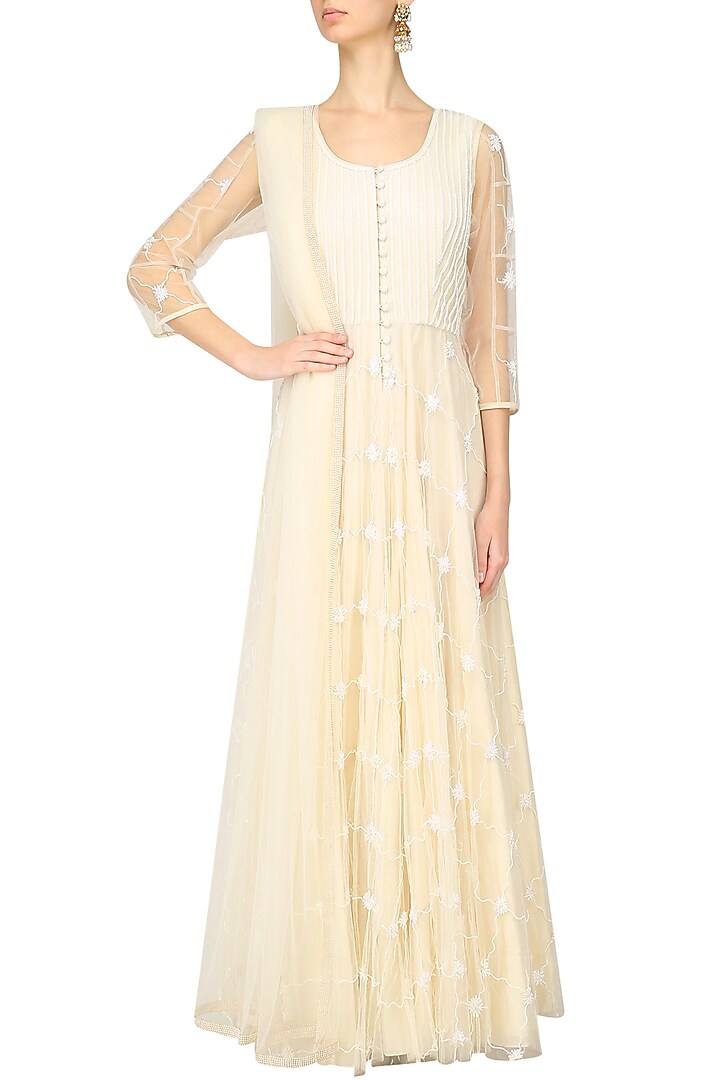 Off white 3D floral work anarkali set available only at Pernia's Pop Up Shop.