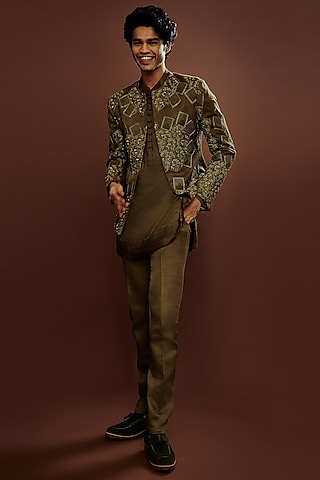 Olive Green Embroidered Indo-Western Set by Jatin Malik