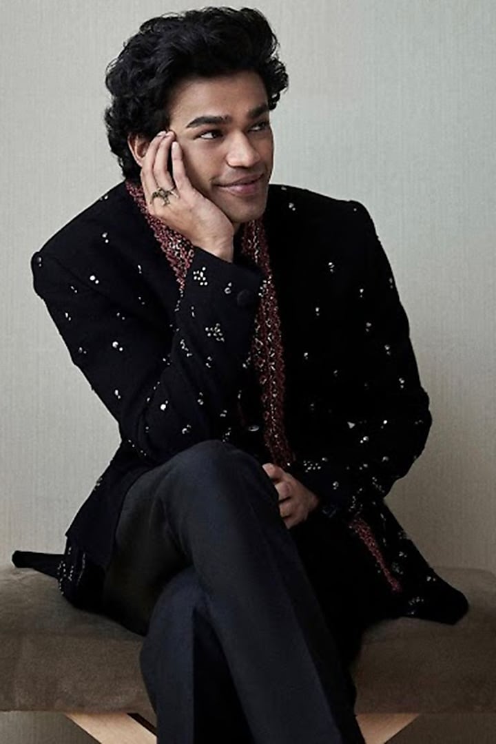 Black Sandwash Thread Embroidered Bandhgala Set by Sarab Khanijou at Pernia's Pop Up Shop