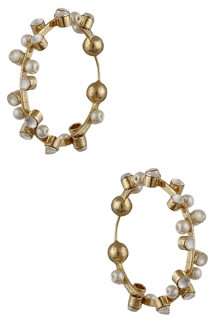 Gold Plated Crystal Stone And Pearl Hoop Earrings