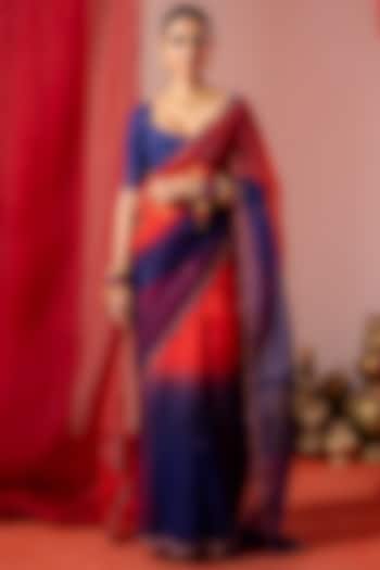 Red & Blue Organza Hand Embroidered Party Wear Saree Set by Baise Gaba at Pernia's Pop Up Shop