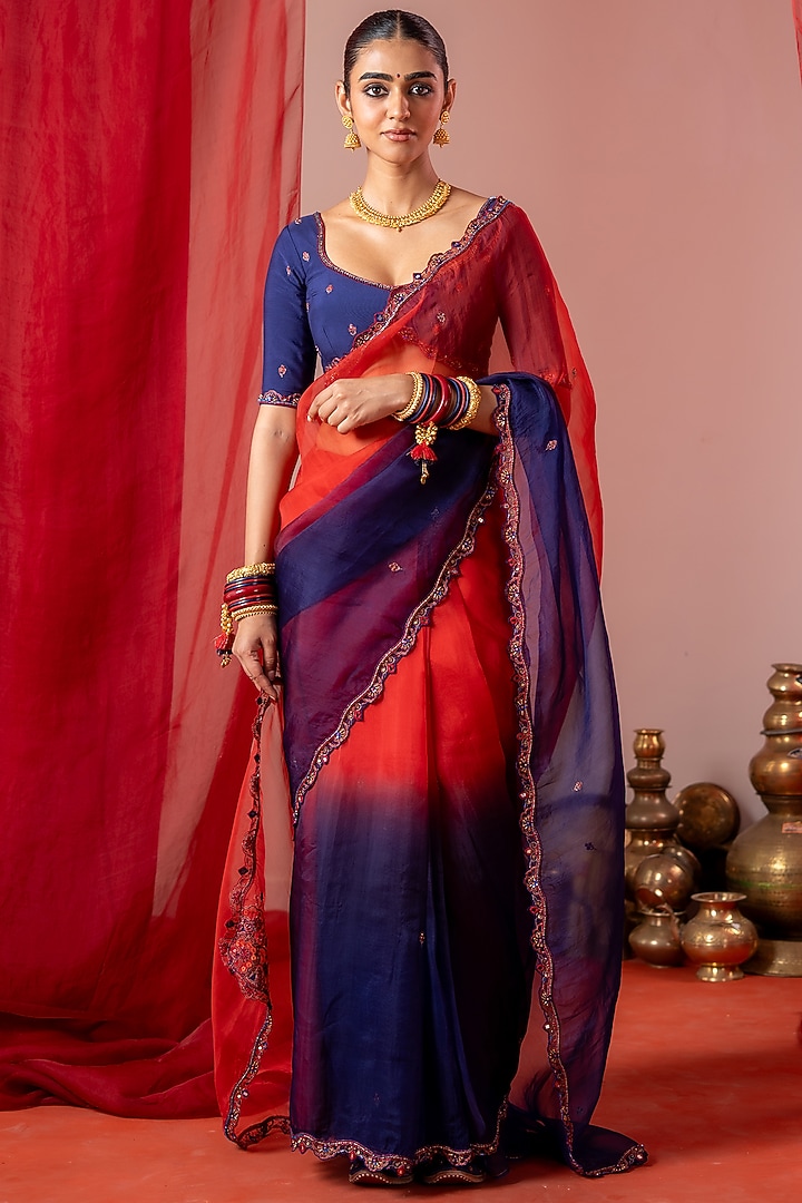 Red & Blue Organza Hand Embroidered Party Wear Saree Set by Baise Gaba at Pernia's Pop Up Shop