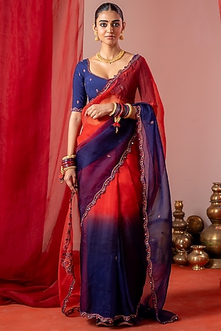 Red & Blue Organza Hand Embroidered Saree Set by Baise Gaba