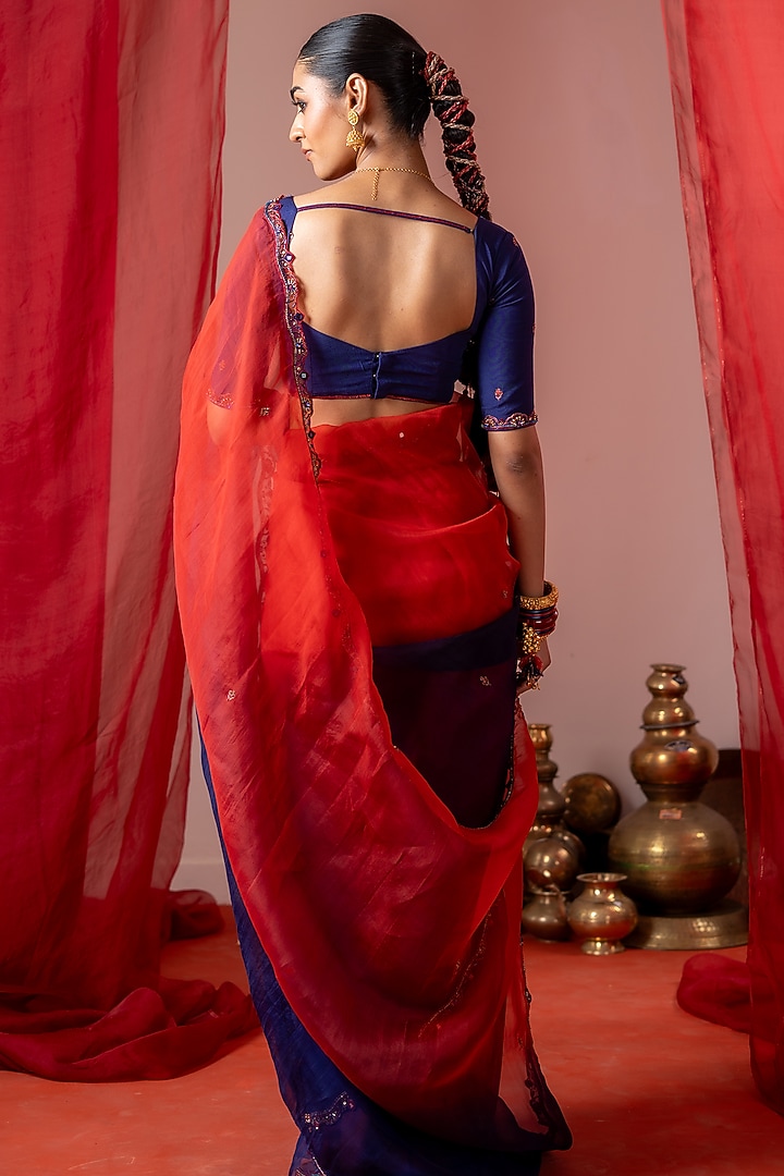 Red & Blue Organza Hand Embroidered Party Wear Saree Set by Baise Gaba at Pernia's Pop Up Shop