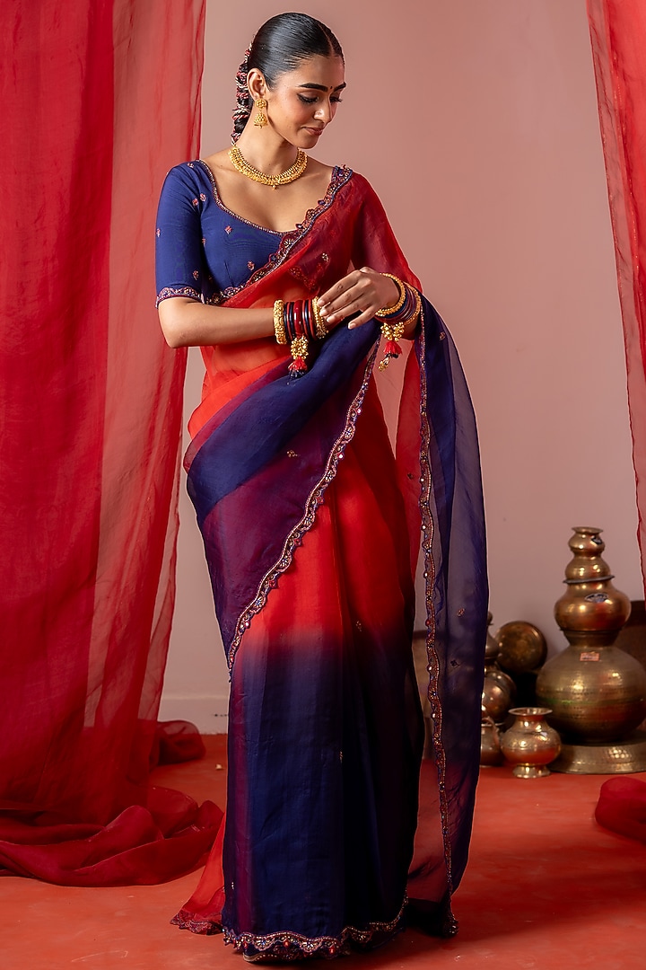 Red & Blue Organza Hand Embroidered Party Wear Saree Set by Baise Gaba at Pernia's Pop Up Shop