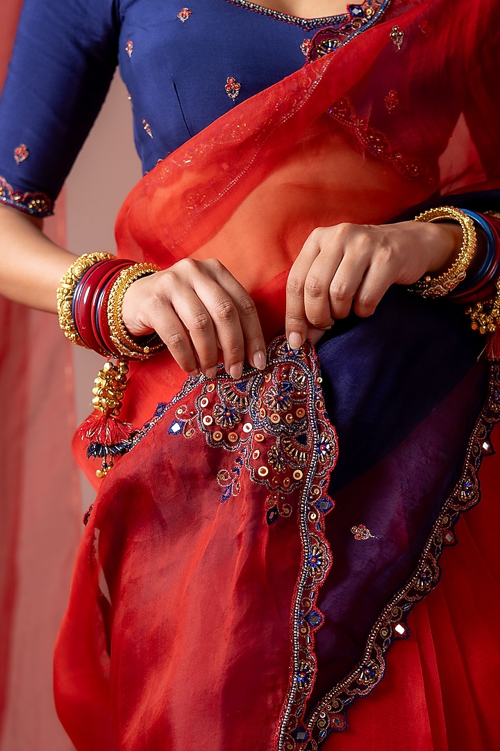 Red & Blue Organza Hand Embroidered Party Wear Saree Set by Baise Gaba at Pernia's Pop Up Shop
