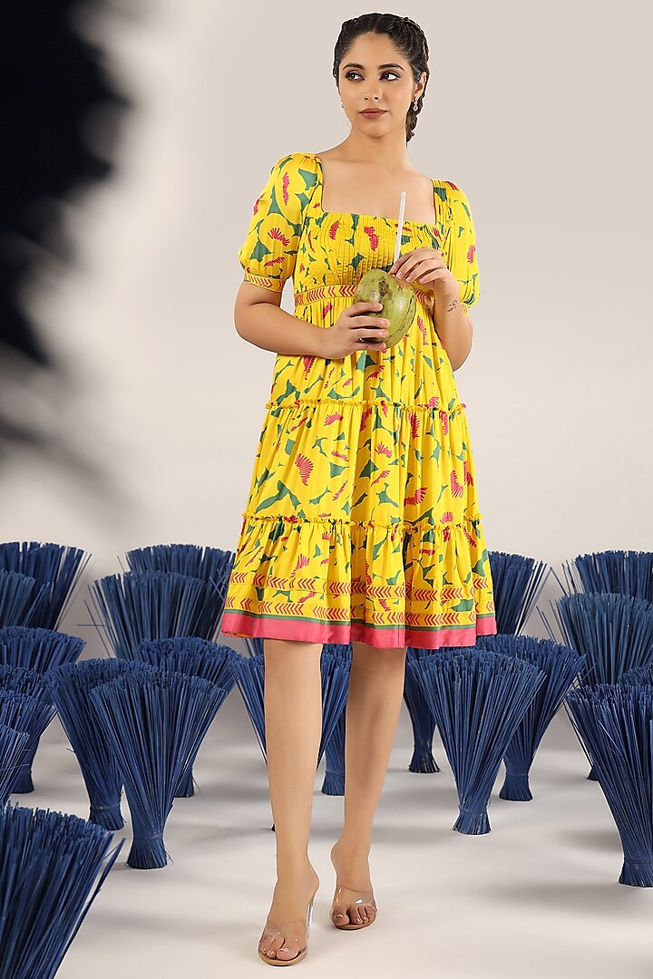 Yellow Chiffon Flared Dress by Baise Gaba