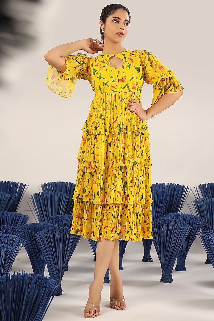 Yellow Modal Satin Printed Tiered Frill Dress by Baise Gaba