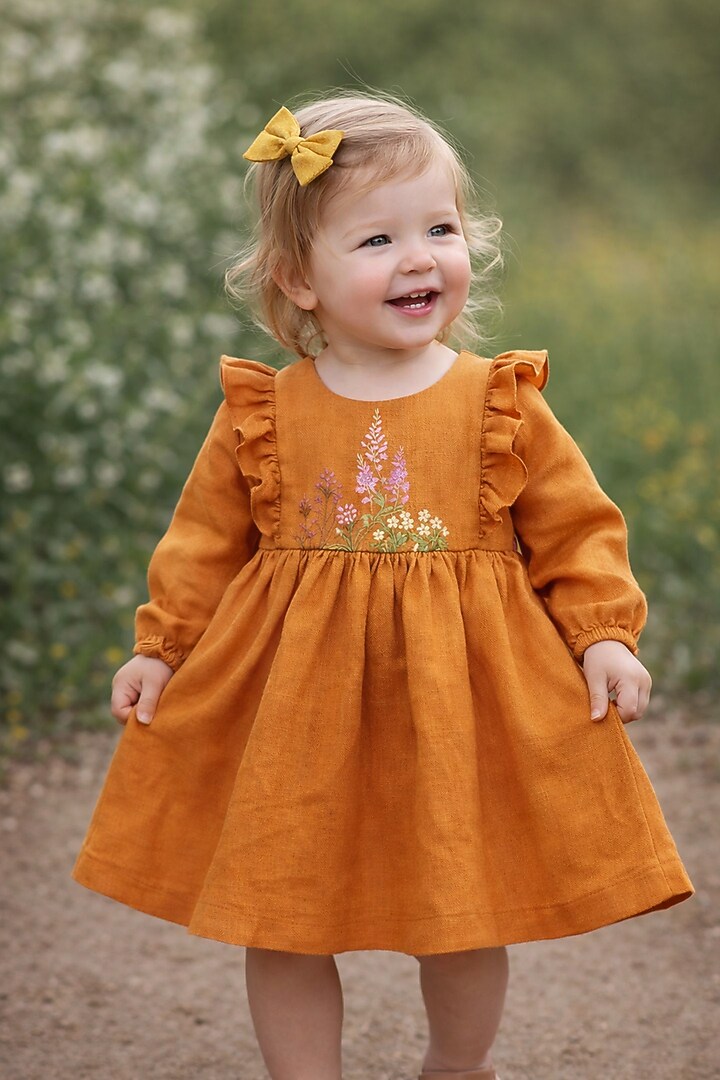 Pastel Rust Embroidered Dress For Girls by Bagichi at Pernia's Pop Up Shop