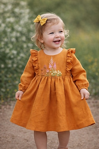 Pastel Rust Embroidered Dress For Girls by Bagichi