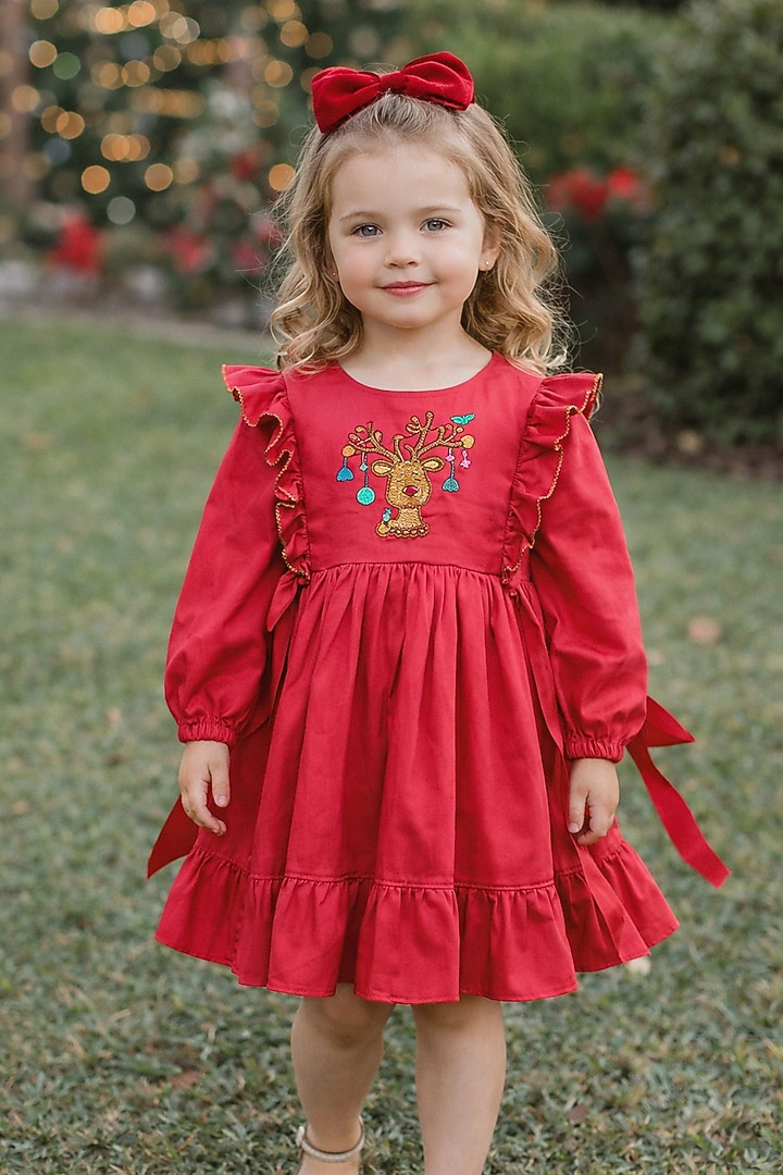 Red Embroidered Dress For Girls by Bagichi at Pernia's Pop Up Shop