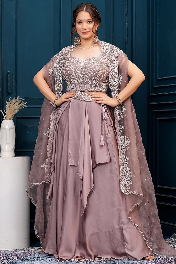 Mouse Grey Georgette Pearl Embroidered Skirt Set by Baidehi at Pernia's Pop Up Shop