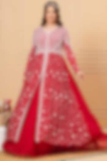 Cherry Red Georgette Cutdana Embroidered Layered Gown by Baidehi at Pernia's Pop Up Shop