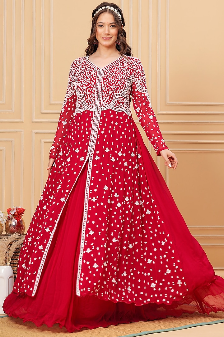 Cherry Red Georgette Cutdana Embroidered Layered Gown by Baidehi at Pernia's Pop Up Shop