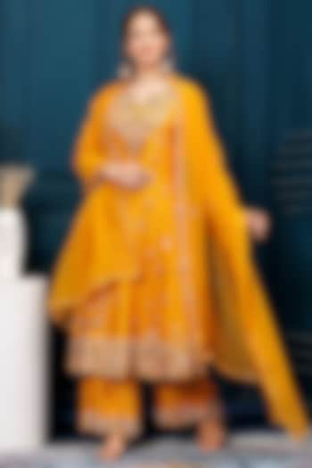 Mustard Yellow Bemberg Silk Sequins Embroidered Anarkali Set by Baidehi