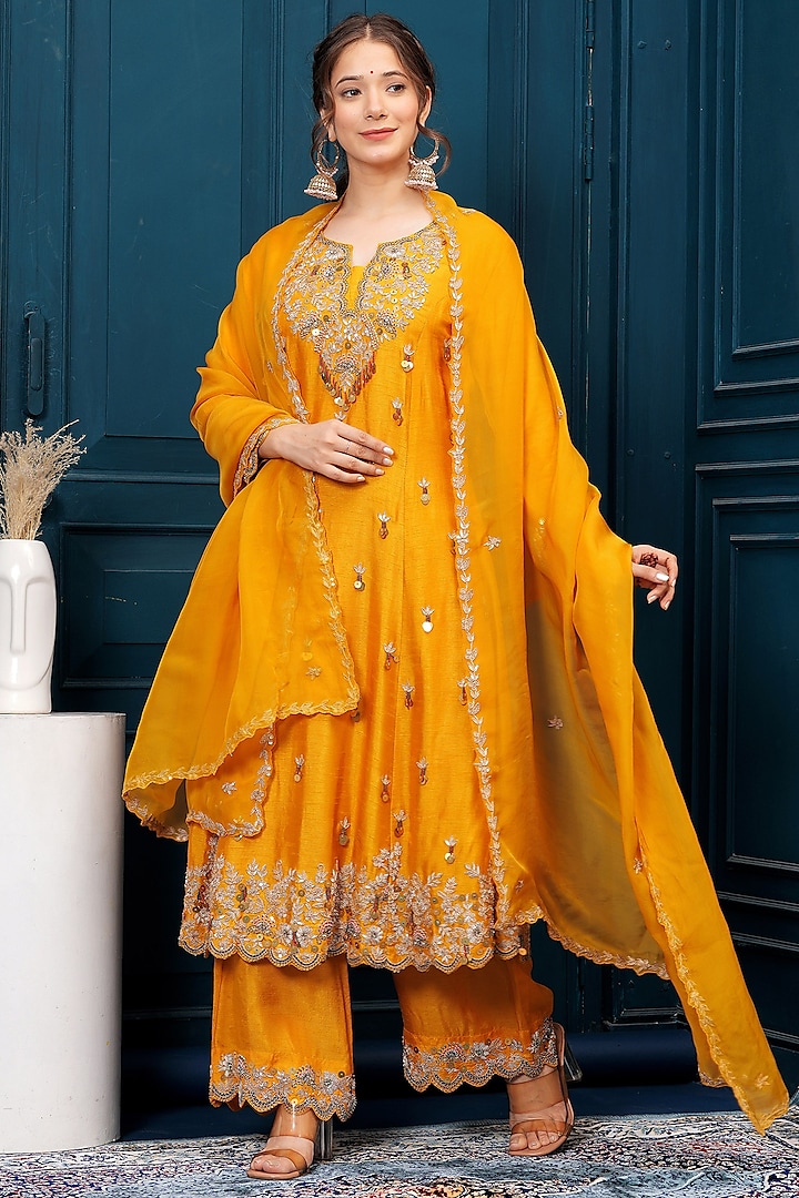 Mustard Yellow Bemberg Silk Sequins Embroidered Anarkali Set by Baidehi