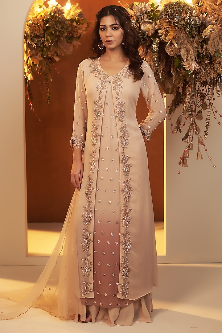 Beige Chinon Georgette Palazzo Set by Baidehi at Pernia's Pop Up Shop