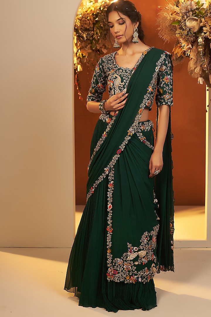 Bottle Green Georgette Zardosi Embroidered Lehenga Saree Set by Baidehi at Pernia's Pop Up Shop