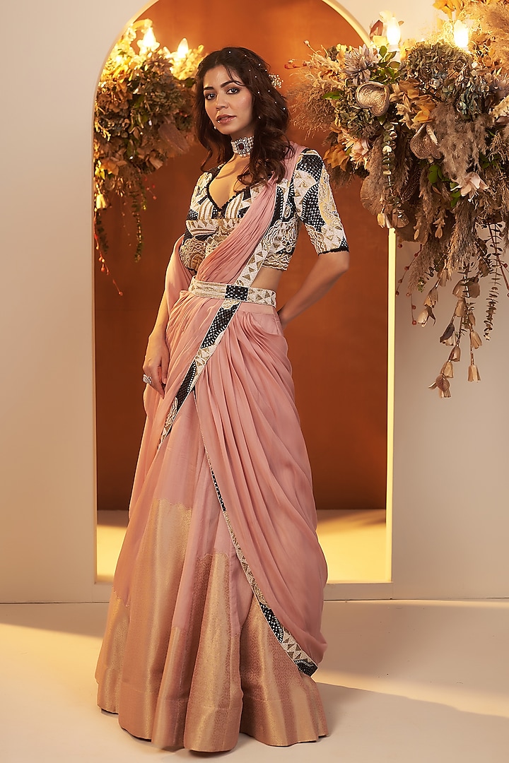 Dusty Pink Organza Shimmer Draped Lehenga Saree Set by Baidehi at Pernia's Pop Up Shop