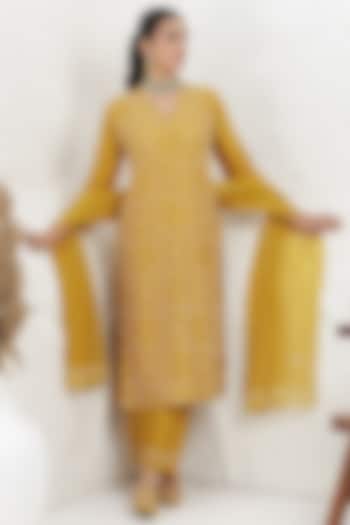  Mustard Russian Silk French-Knot Embroidered Kurta Set  by Baidehi at Pernia's Pop Up Shop