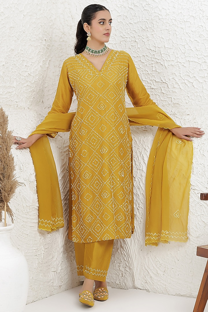 Mustard Russian Silk French-Knot Embroidered Kurta Set  by Baidehi at Pernia's Pop Up Shop