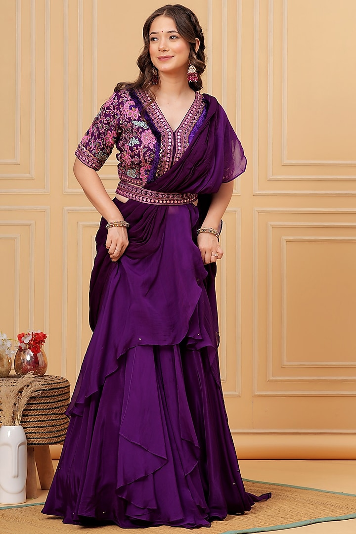 Purple Crepe & Georgette Draped Wedding Lehenga Saree Set by Baidehi at Pernia's Pop Up Shop