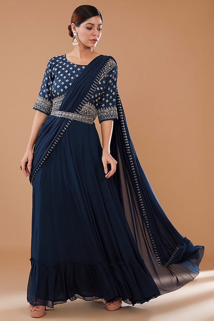 Teal Blue Georgette & Bemberg Silk Party Wear Gown by Baidehi at Pernia's Pop Up Shop