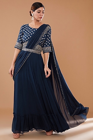 Teal Blue Georgette & Bemberg Silk Gown by Baidehi