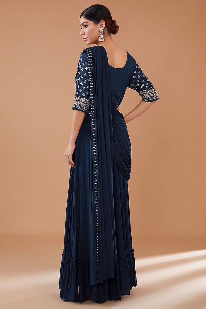 Teal Blue Georgette & Bemberg Silk Engagement Gown by Baidehi at Pernia's Pop Up Shop