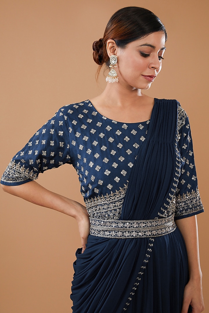 Teal Blue Georgette & Bemberg Silk Engagement Gown by Baidehi at Pernia's Pop Up Shop