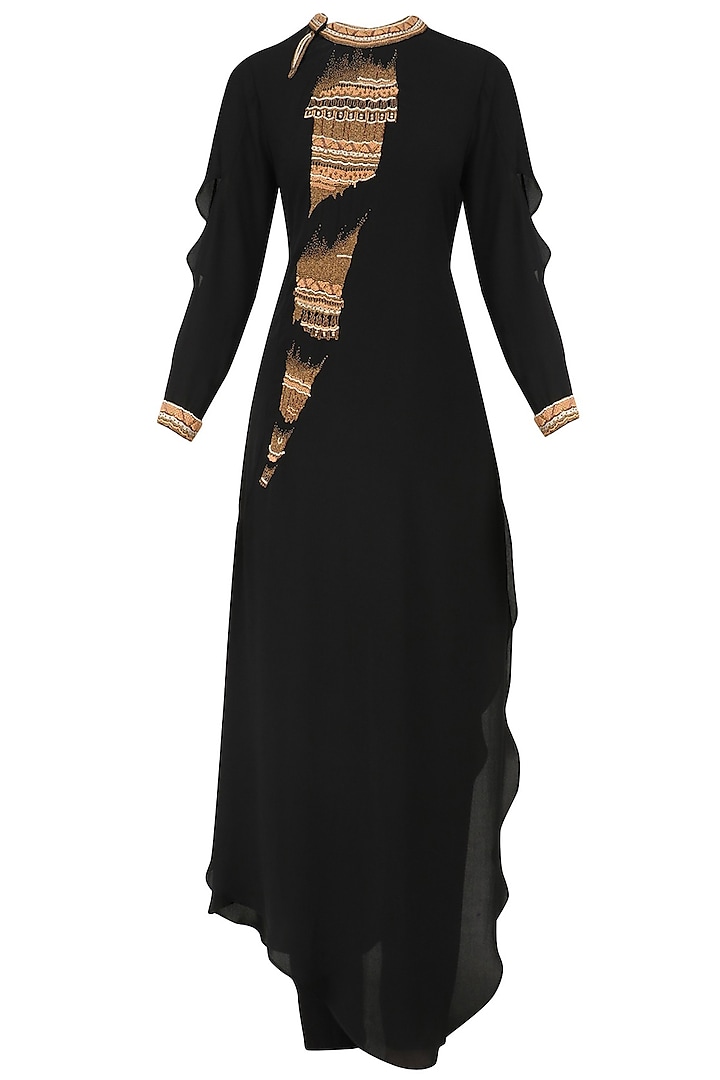 Black hand embroidered band collar tunic and pants set available only at Pernia's Pop Up Shop.