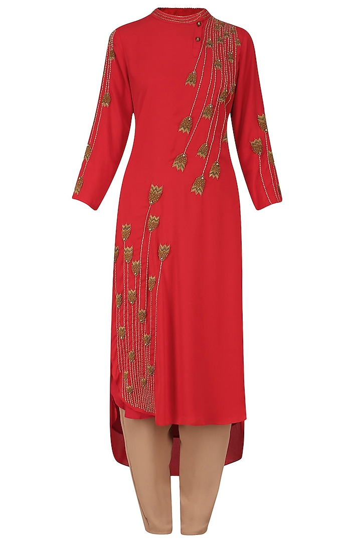 Red Thread and Bead Embroidered Tunic and Pants Set by Nitin Bal Chauhan