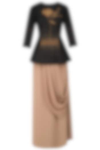 Black Hand Embroidered Peplum Top and Drape Skirt Set by Nitin Bal Chauhan